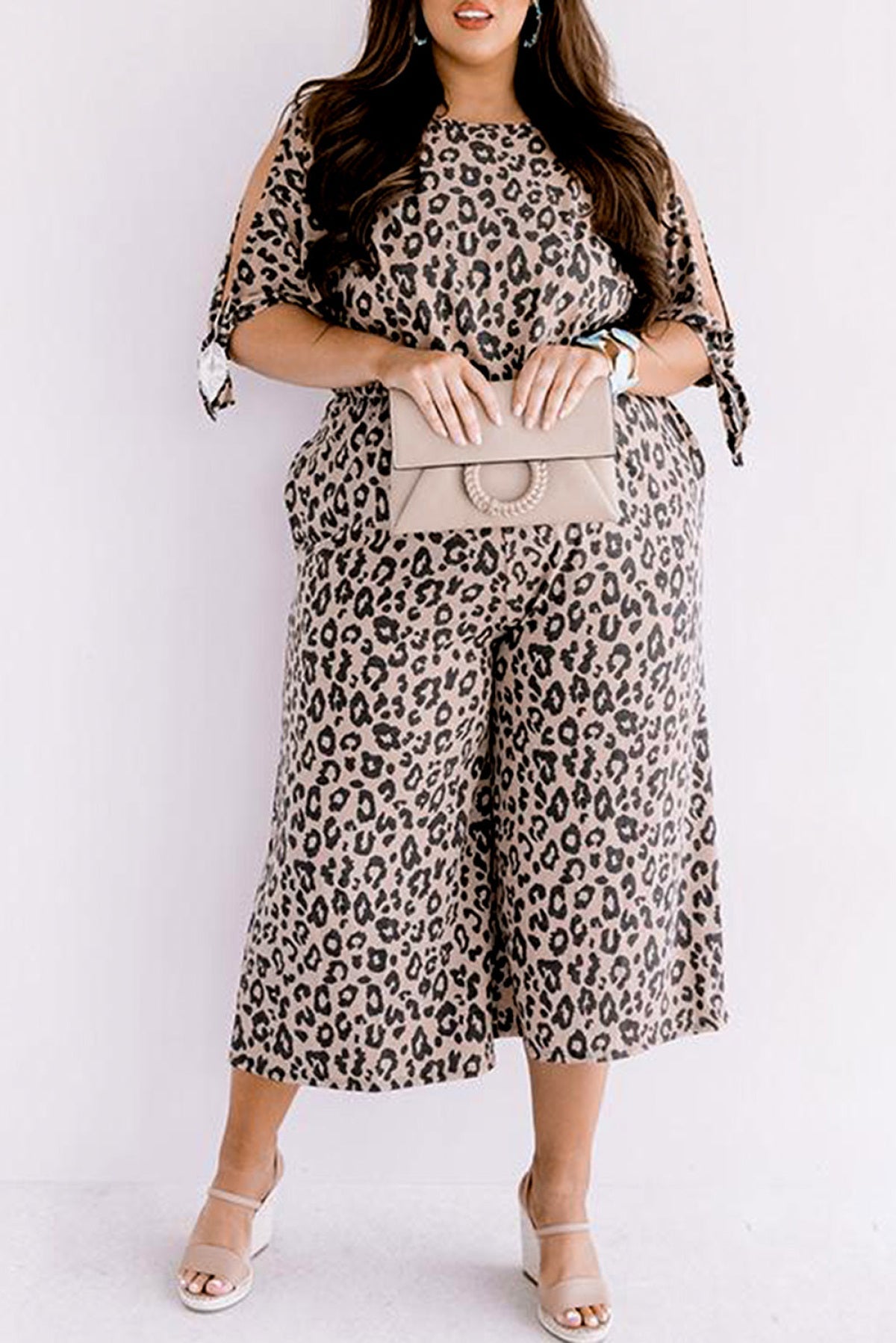 Curvy Jumpsuit Leopard Print Cut-Out Half Sleeve Plus Size Jumpsuit