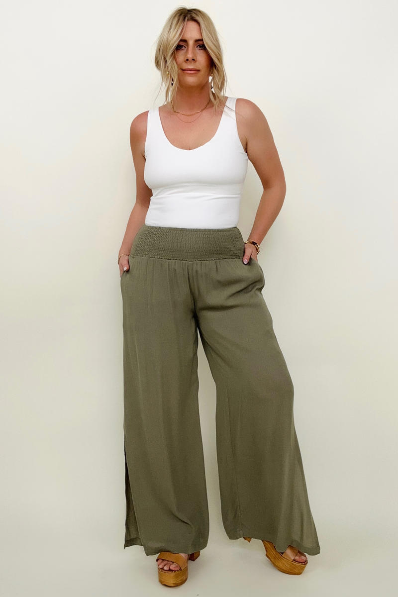 Curvy Pant Cozy Co Crinkle Gauze Smocked Waist Wide Leg Side Slit Palazzo Pants