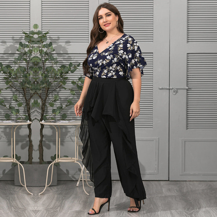 Curvy Pant Plus Size Black Chiffon Ruffle Patchwork Pants