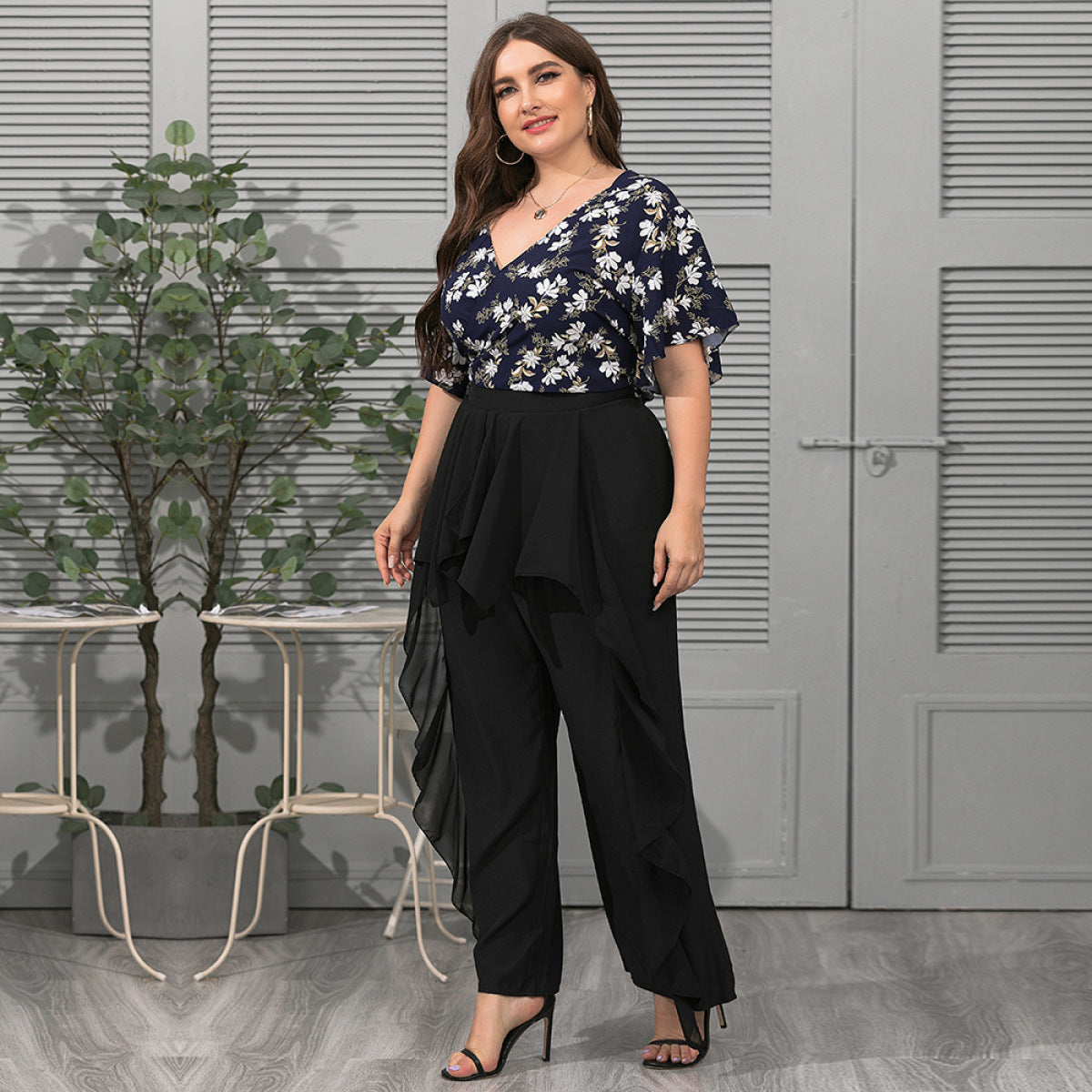 Plus Size Black Chiffon Ruffle Patchwork Pants