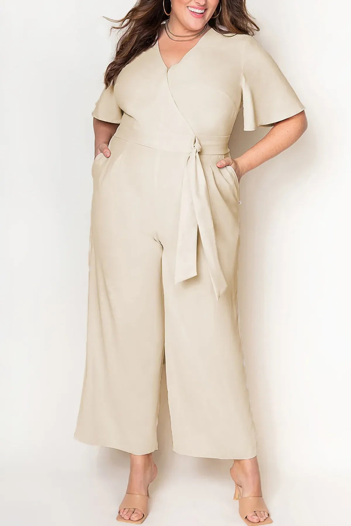 Curvy Jumpsuit Apricot V Neck Tie Knot High Waist Plus Size Jumpsuit