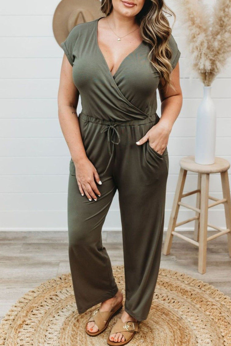 Jumpsuit Curvy Solid Color Green Jumpsuit is a V-Neck with a Tie Stretch Waist