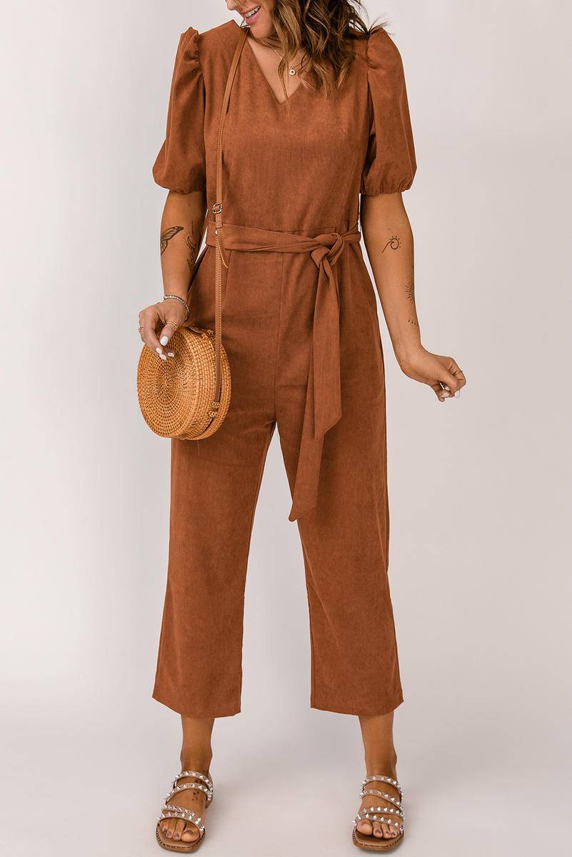 Jumpsuit Tie Knot Puff Sleve Straight Leg High Rise Jumpsuit