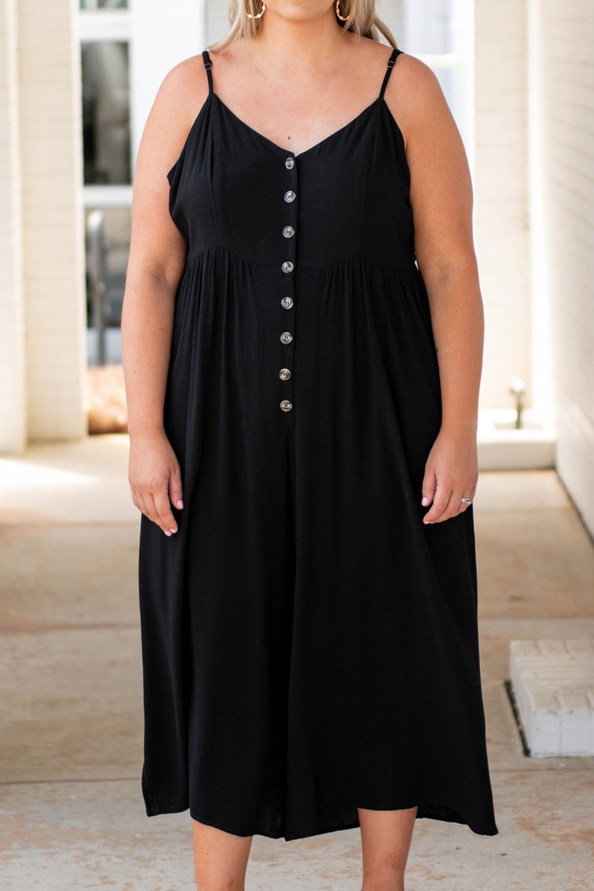 Curvy Jumpsuit Black Buttons Sleeveless Wide Leg Plus Size Jumpsuit