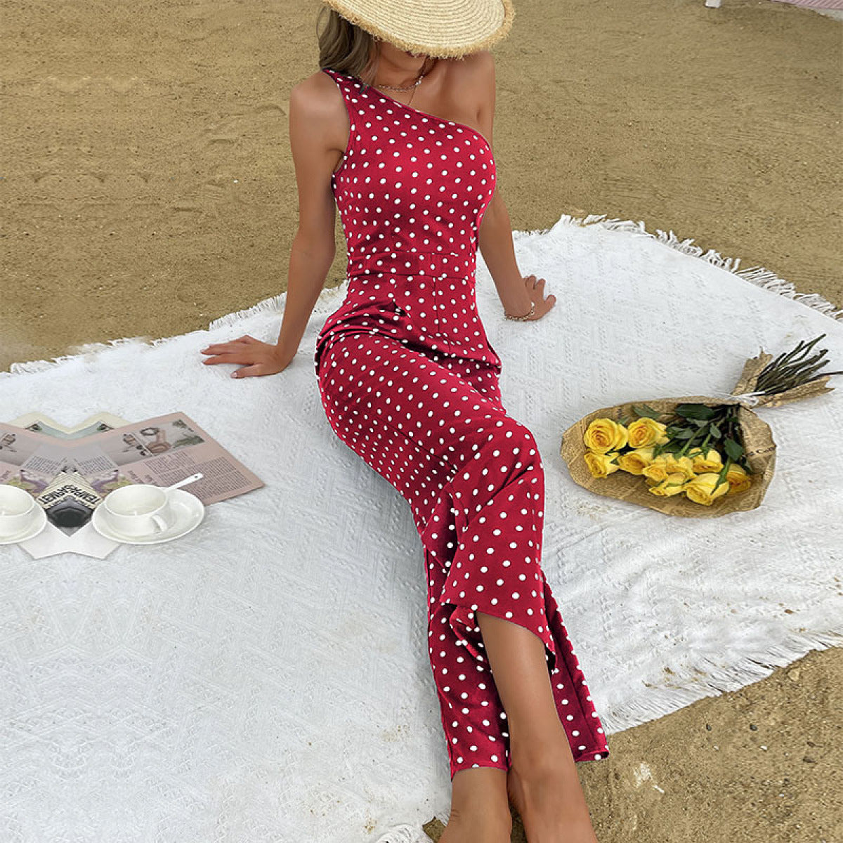 Jumpsuit One Shoulder Red and White Polka Dot